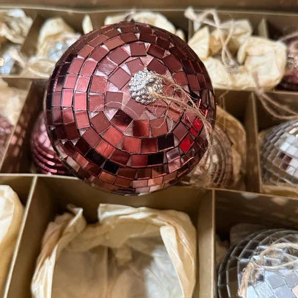 Crate&Barrel Rosy Red, Silver, Pink Disco Ball Ornaments Set 12 - Picture 4 of 14